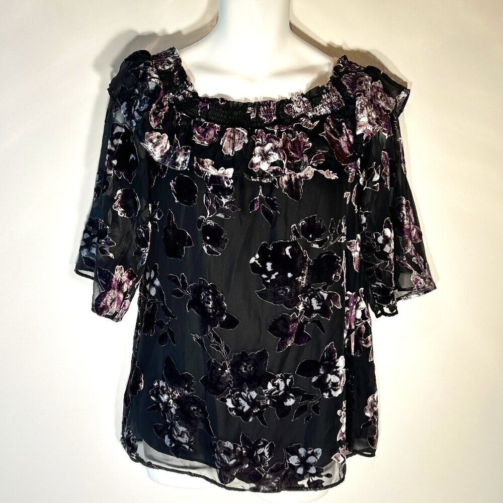 DR2 SZ S Purple & Black Burnout Velvet Top Whimsigoth Boho Dark Romance 80's